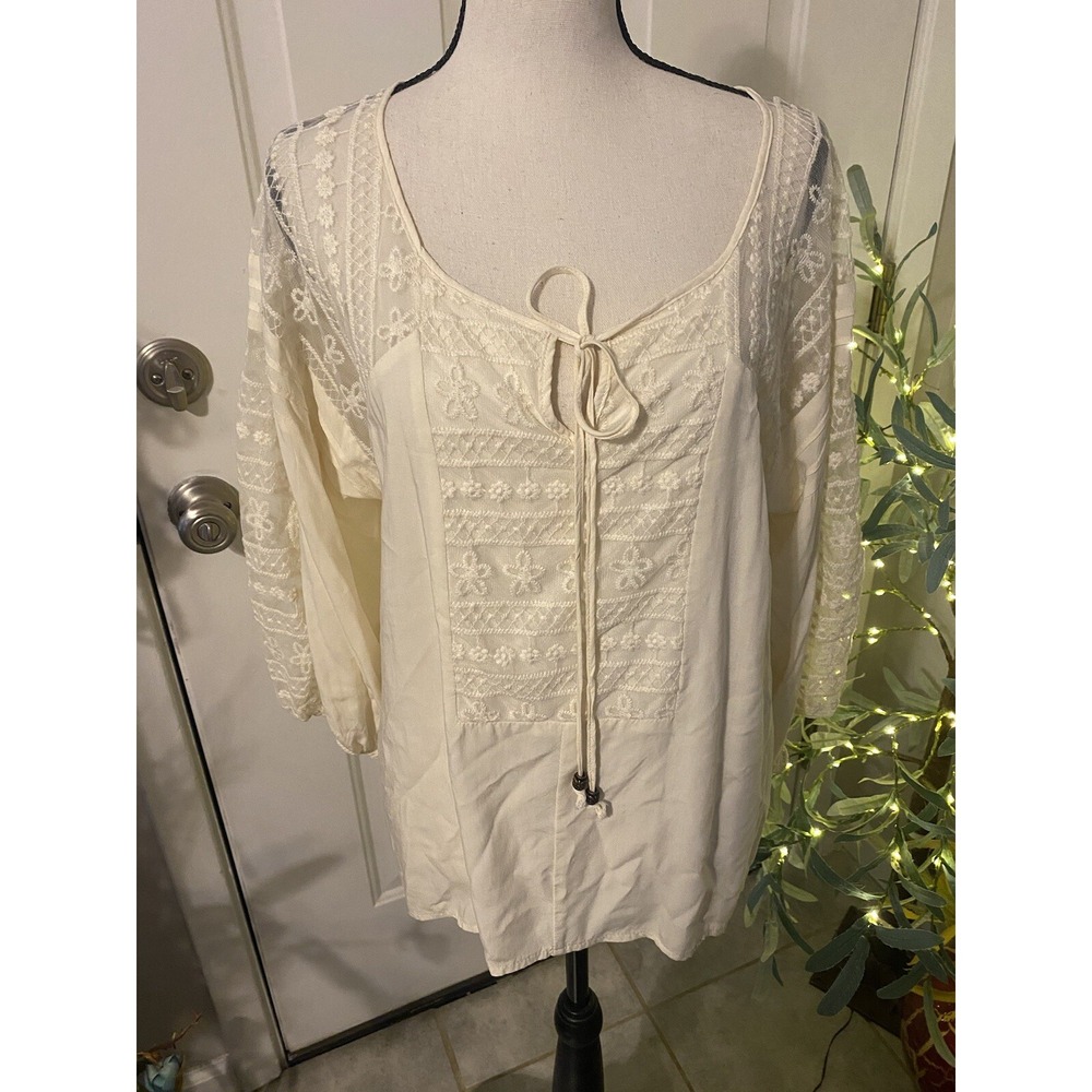 Entro Women White Boho Embellished Lace Cottage Core Blouse Medium
